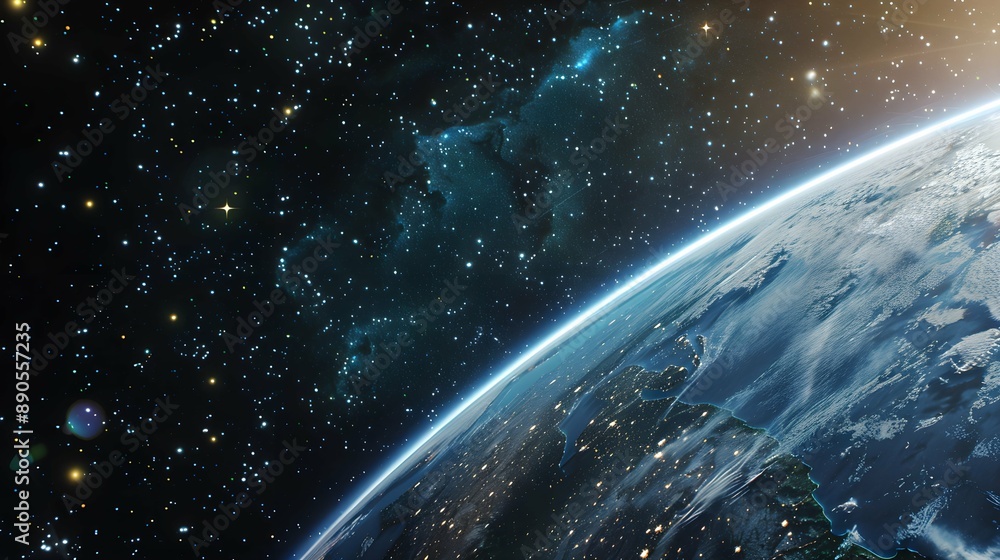 Wall mural an image showing earth from space with a starry cosmos background, illustrating a space exploration 