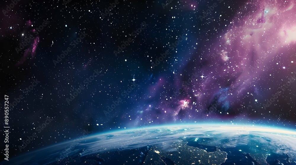 Poster an image showing earth from space with a starry cosmos background, illustrating a space exploration 
