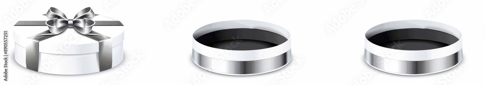 Poster white gift present round circle box with bow ribbon on transparent cutout png file. mockup template 