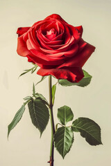 Elegant Single Red Rose Bloom with Green Leaves on Light Background