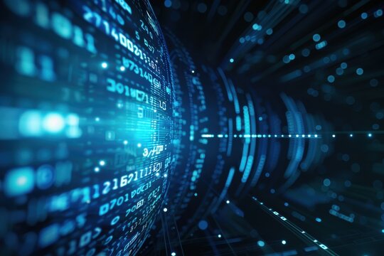 Abstract digital data flow concept with blue binary code and futuristic technology for communication and information technology backgrounds.