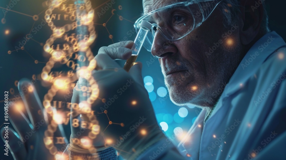 Poster a man in a lab coat is looking at a dna strand through a microscope
