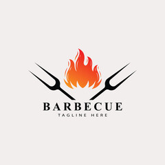 BBQ icon illustration, grill house and bar with grill, fire and fork for barbecue restaurant logo design