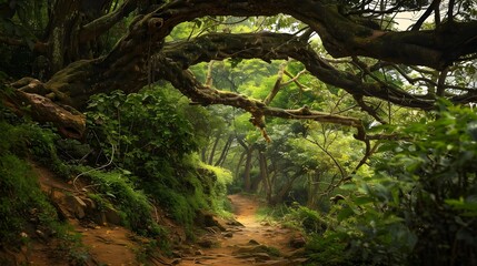 Obraz premium Ancient tree with sprawling branches providing shade over a serene forest path in Bandipur, Nepal. 