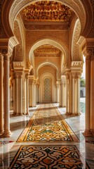 Obraz premium A magnificent Islamic hallway featuring tall pointed arches, intricate mosaics, and elaborate architectural details, exuding grandeur and elegance.