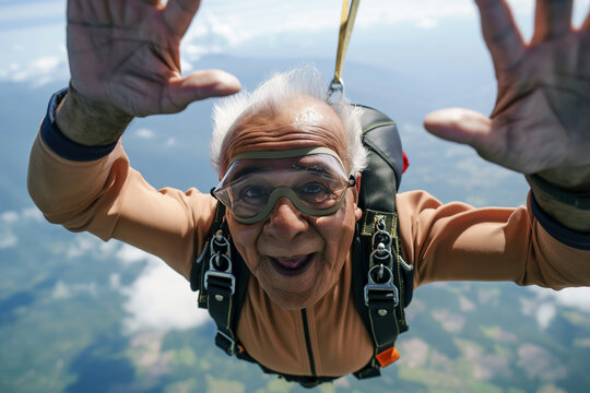 Senior Man Parachuting Adventure   Elderly Skydiver Enjoying Outdoor Extreme Sports