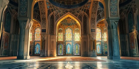 Obraz premium A Islamic prayer area featuring a large open space and elegant arches
