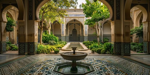 An intricately designed courtyard featuring a stunning fountain surrounded by lush greenery - influence by Islamic architecture.