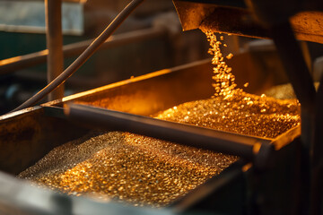 Gold Processing Factory with Shimmering Metal Particles and Industrial Machinery
