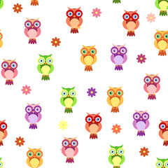 Seamless colorful owl pattern for children with flowers, clouds, branches