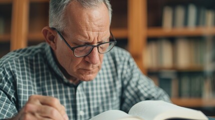 Elderly man concentrated on reading a book in a library. Senior adult enjoying literature and knowledge.