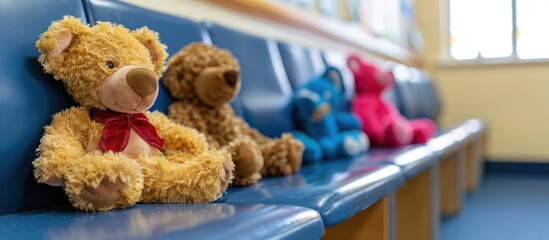 Teddy Bear Companions Waiting on a Blue Bench