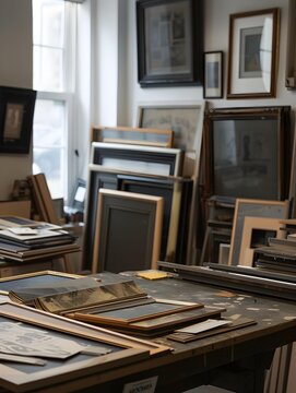 Artisanal Excellence Professional Framers Workshop with Business Cards Picture Frames and Matte Cutters Display of Crafted Artistry