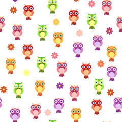 Seamless colorful owl pattern for children with flowers, clouds, branches
