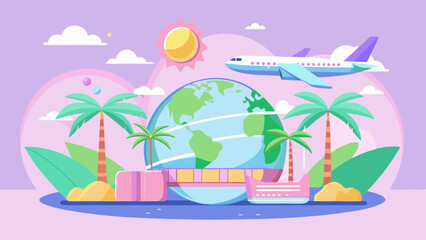World Tourism Day concept with world map, plane and a bagpack, pastel colors