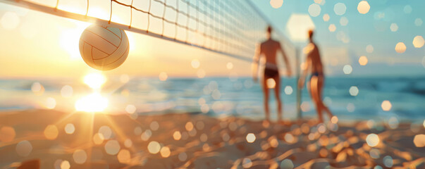 Beach volleyball players spiking the ball focus on realistic Blend mode sandy beach