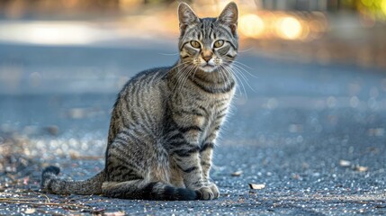 Naklejka premium A tabby cat sits on a gray pavement. This photo is perfect for showcasing the beauty and grace of cats in a natural setting. .
