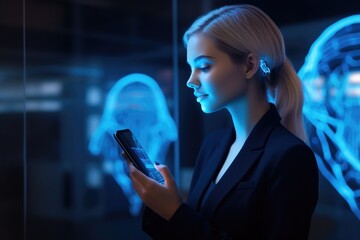 Woman with facial recognition tech on her cellphone