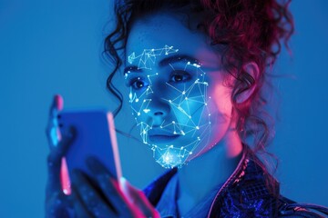 A woman using facial recognition technology on her cellphone, with a digital interface overlaying her face.