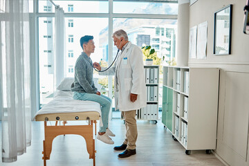 Lung health, doctor and man consulting for insurance, help and bronchitis check up in consultation...