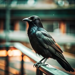 close up of a crow. Portrait of a black crow in the daytime. Ideal for stock images showcasing wildlife in an urban environment.