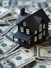 Black house model surrounded by scattered US dollar bills representing real estate investment. Symbolizes the financial aspects of home ownership and investment