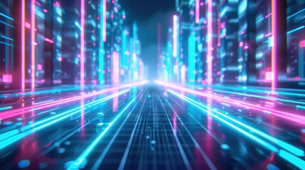 Neon Cyberpunk Cityscape, Digital Background of Futuristic Online Game with Vibrant Lights