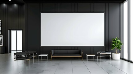 Blank white rectangular frame mounted on office lobby wall provides vast empty space for mockup designs and artistic creations. 