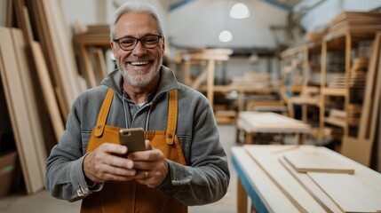 Smiling man wearing apron and glasses holding a smartphone in a woodworking shop with tools and materials in the background.