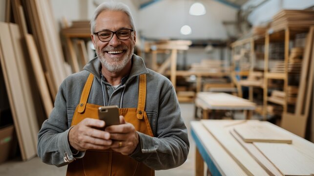Smiling man wearing apron and glasses holding a smartphone in a woodworking shop with tools and materials in the background.