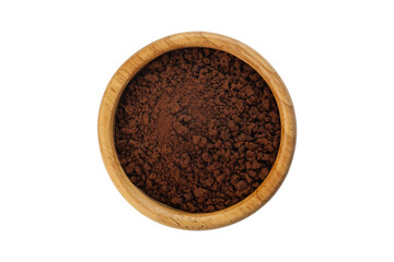 instant coffee powder in wooden bowl isolated on white background with clipping path.Top view