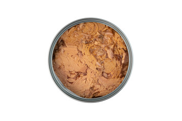 Opened Canned tuna fish in can isolated on white background with Clipping Path