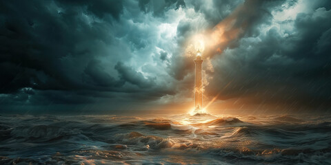 Fototapeta premium The Guiding Light of Justice: A single beacon of light shining through a stormy sky, illuminating a path to equality.