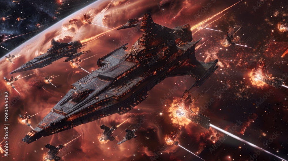 Wall mural a space battle with starships utilizing advanced cloaking technology to evade detection.