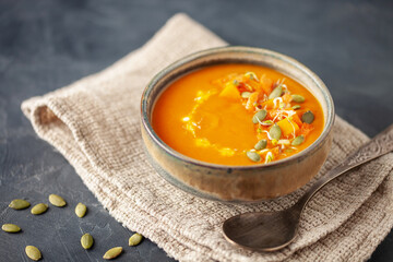 Vegetables  pumpkin soup with ingredients. Dishes, food.