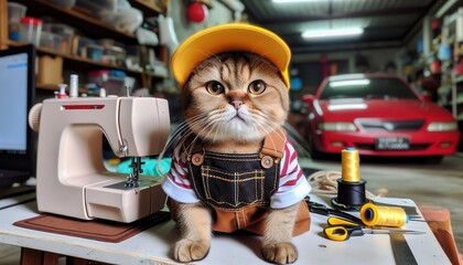 A cat in a mechanic outfit sits beside a sewing machine with sewing tools in a workshop, juxtaposing domestic and mechanical elements, Humorous juxtaposition, animals with unexpected skills, 