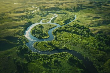 A river is shown in a lush green field. The water is calm and the grass is tall. The scene is peaceful and serene