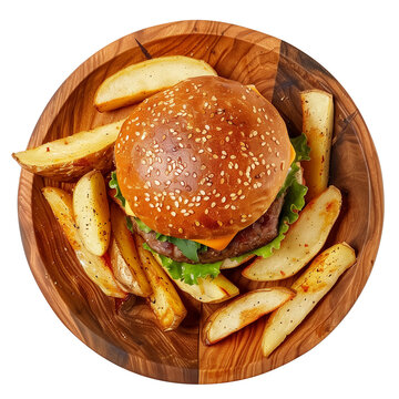 A gourmet wood plate of hamburger, elegantly presented in classic art style, flat lay, top view. On transparent background.
