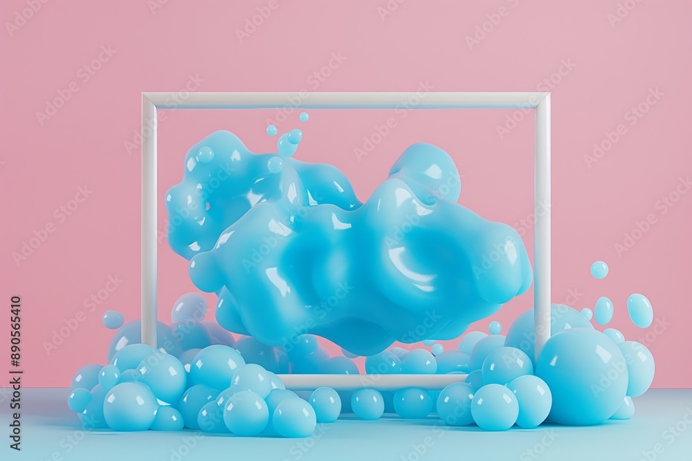 Poster a blue blob of foam is floating in a white frame