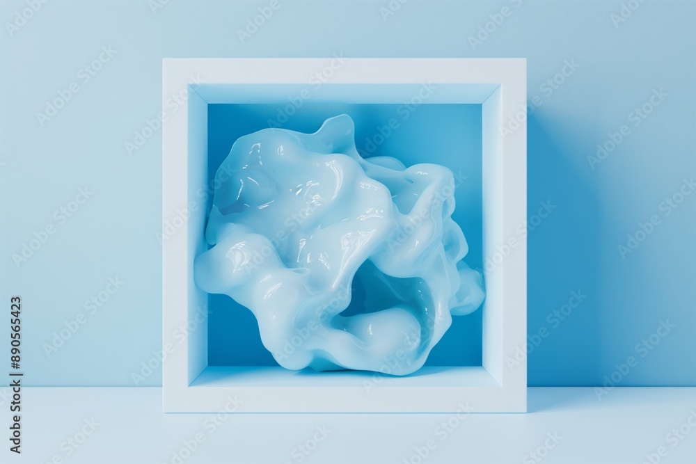 Poster a blue blob is inside a white box. the blob is made of a material that looks like it's made of plast