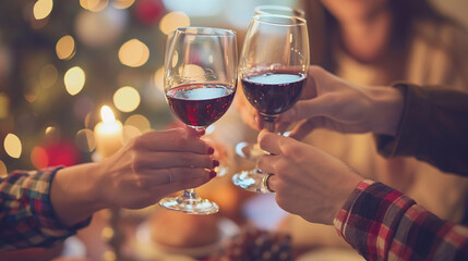 A group of friends toasting with glasses of wine at a home party. Cozy atmosphere.