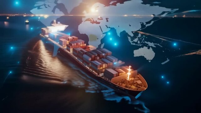 Cargo ship sailing on digital world map with lights