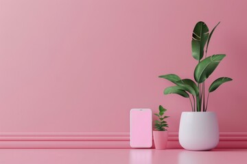 Minimalistic pink interior with smartphone, potted plants in white and pink pots. Modern, stylish, and clean design.