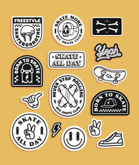 Obraz premium Set of vector skateboard badges, including lightning, peace hand sign, hat, shoes, skull, hat, helmet, and skateboard.