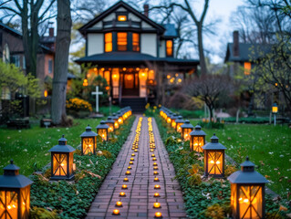 Obraz premium Warm Evening Glow on Brick Path Leading to Historic Home