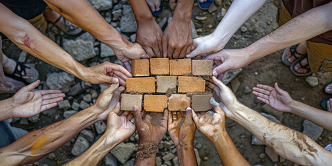 The Power of Collective Action: A group of individuals, each holding a single brick, coming together to build a stronger foundation for their future
