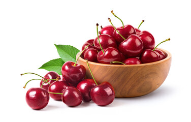 Cherry in wooden bowl isolated on white background.
