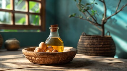 Still life of Argan oil and fruit with nuts on a table