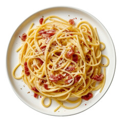 A plate of pasta carbonara, isolated white background, classic art style, flat photo of, top view.
