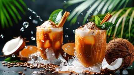 Iced coffee with coconut milk, tropical flavor,
